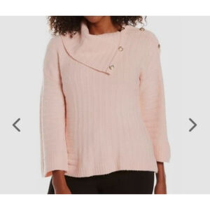 Women's Rafaella Pastel Peach Blush Ribbed Cowl Neck Sweater with Gold Buttons M